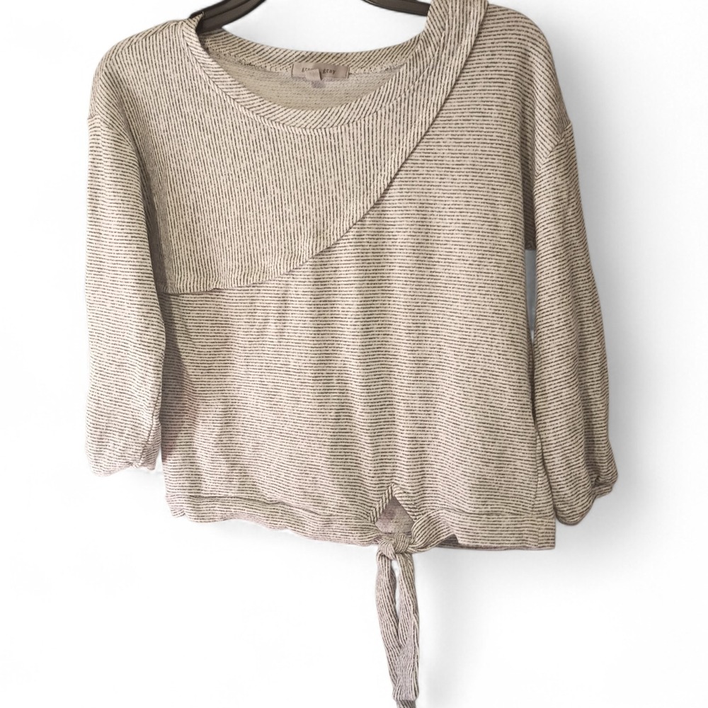 grey & gray Knit‎ Striped Pullover Sweater Women S/P Waist Tie Cotton 3/4 Sleeve